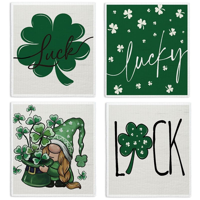 LARTSFRO Lucky Wishes Swedish Dishcloths for Kitchen, Green Swedish Dish Cloths for Four-Leaf Clover, 4 Pack Dish Towels for Kitchen, Papaya Reusable Paper Towels Washable - Image 1